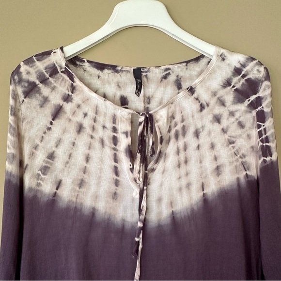 Medium Tie Dye Tunic Top Tie Front 3/4 Sleeves Blue Nautical Casual Boho Hippie - Picture 2 of 6